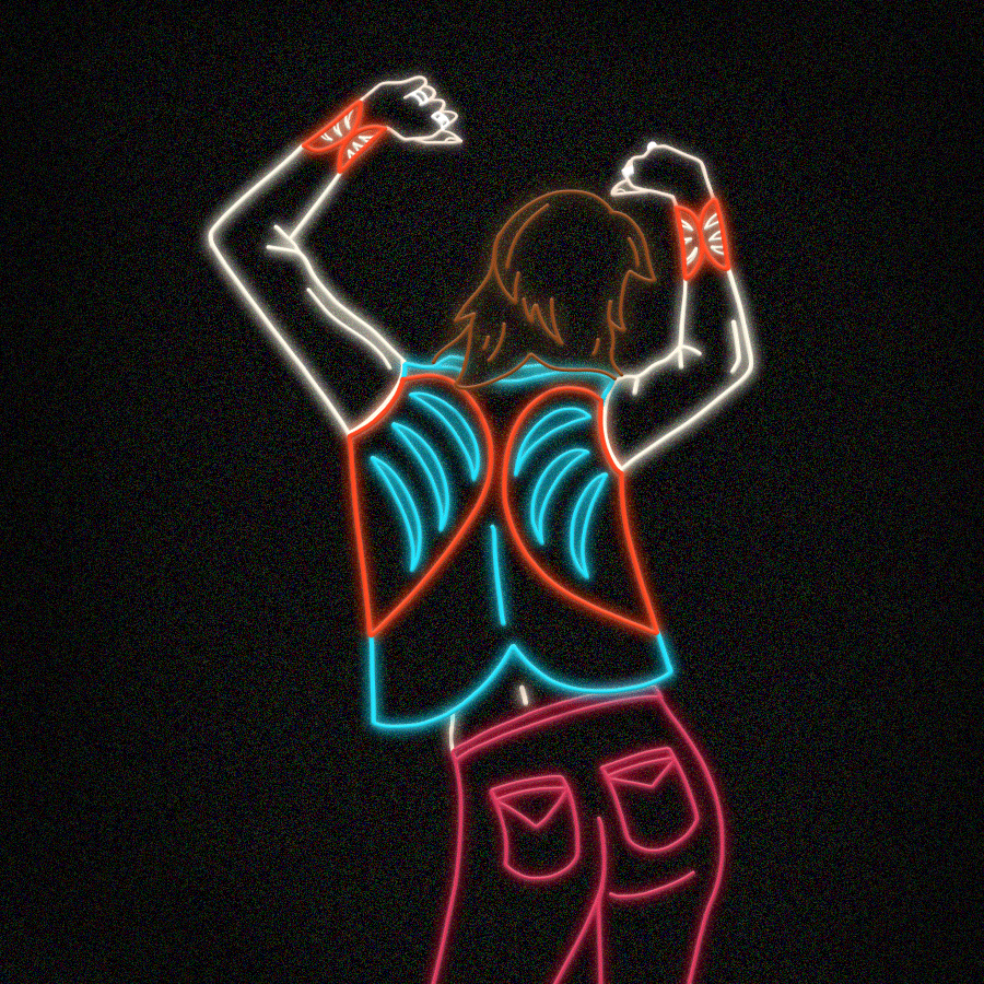 A back view of neon lights dancing in a figure of a man
