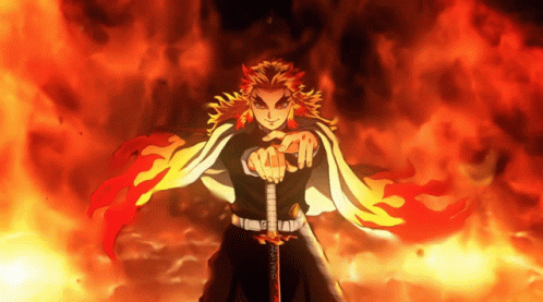 Rengoku smiling while being surrounded by fire