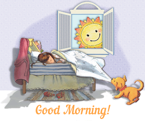 An animated puppy waking up a girl with a smiling sun outside the window