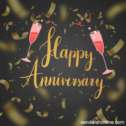 Encryption of Happy Anniversary with two animated champagne glasses