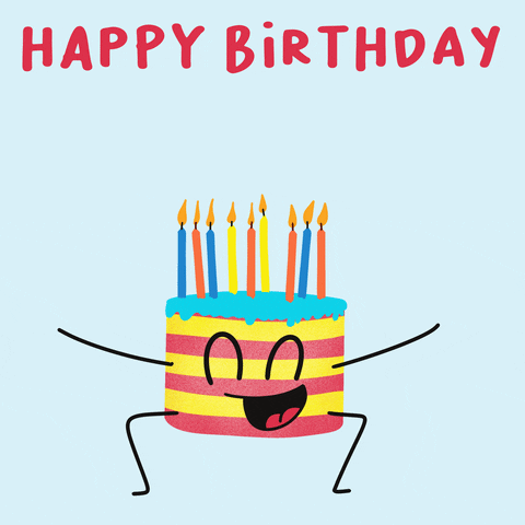Animated cake with a face jumping to greet you a Happy Birthday