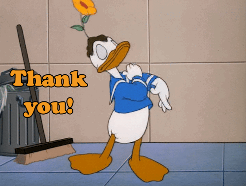 Donald Duck says thank you while taking a vow and having a flower on his head