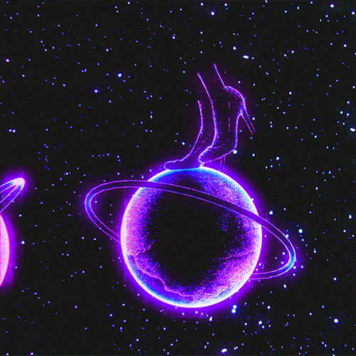 A GIF of a pair of shoes walking on several planets