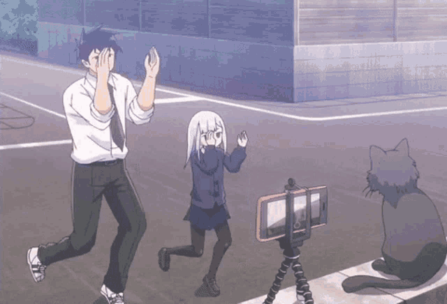 This anime couple is recording their dance on their phone