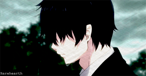 This anime boy's eyes are covering his face while crying in the rain