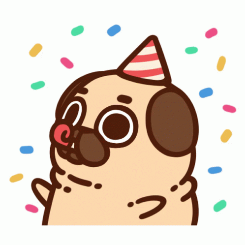 A cute animated puppy with a party hat, party horn and confetti celebrating