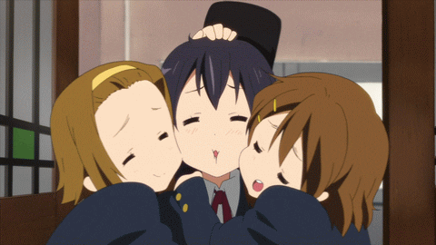 Three cute anime girls rubbing each other's faces