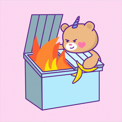 A cute bear with a unicorn horn on a dumpster that is on fire