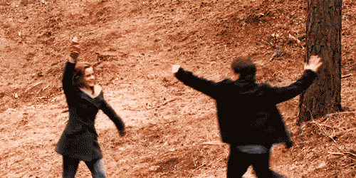 Hermione and Harry give each other a high-five in the middle of the forest