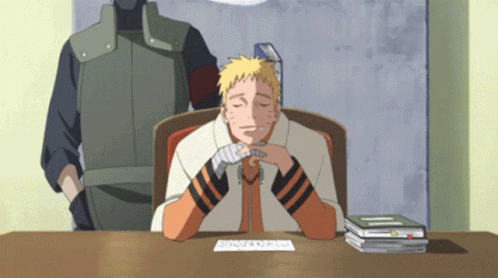 Kakashi hits Hokage Naruto's head with a book to wake him up