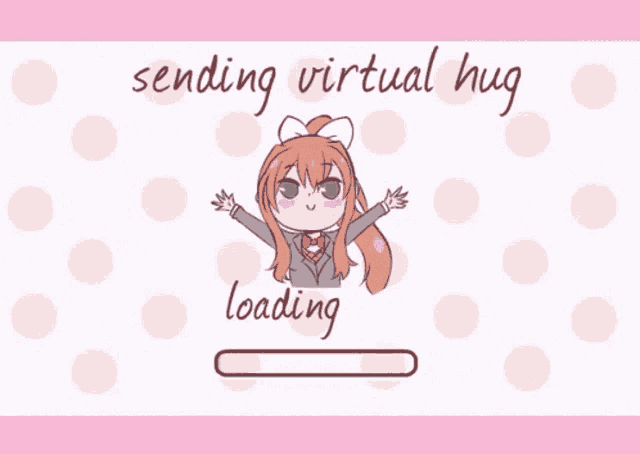 An anime girl in a pink background sending out virtual hugs