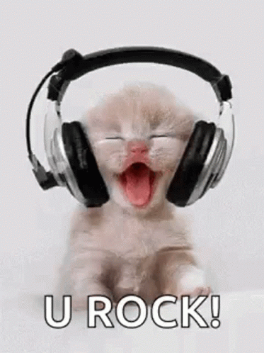 A kitten wearing headphones telling you that you rock