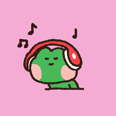 A cute animated frog listening to music