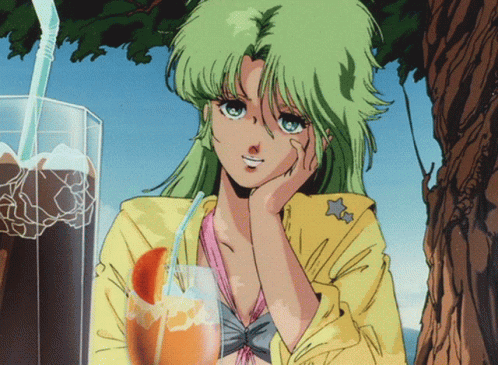 A beautiful retro anime character with green hair