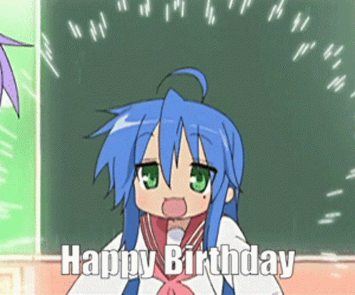 This anime schoolgirl with blue hair gives a Happy Birthday greeting