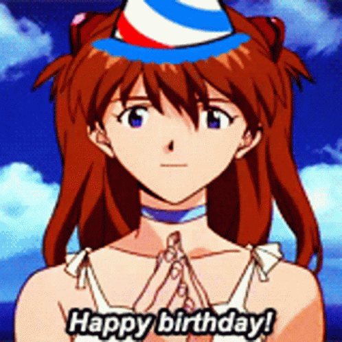 This retro anime girl gives a birthday greeting