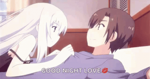 An anime girl giving her man a goodnight kiss