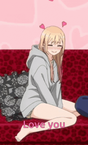 This anime girl on the couch is clearly in love