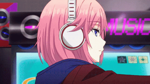 An anime girl with a pink hair wearing headphones
