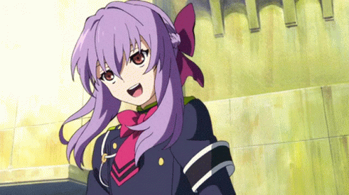 An anime girl with purple hair reveals her weapon