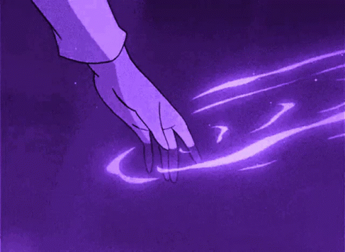 An anime girl dips her hand on the purple water