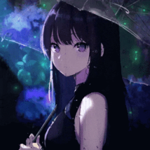 A serious anime girl with purple eyes holding her umbrella in the middle of the rain