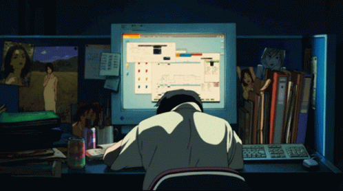 A hardworking retro anime boy with a girl coming out of the computer to cover him