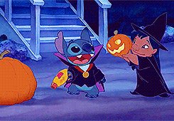 Stitch carves a Halloween pumpkin with a laser gun