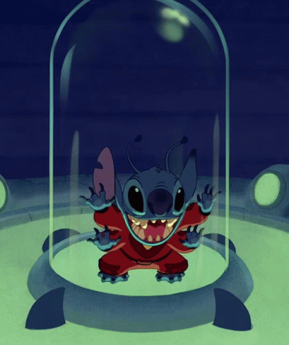 An excited Stitch in a glass cage