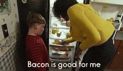 This boy knows says "Bacon is good for me"
