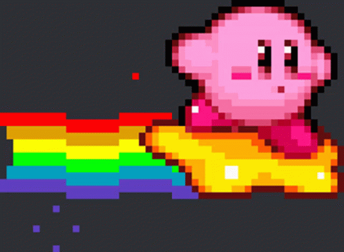 Kirby riding a board that shoots rainbow