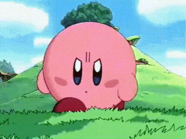 An angry Kirby walking towards you