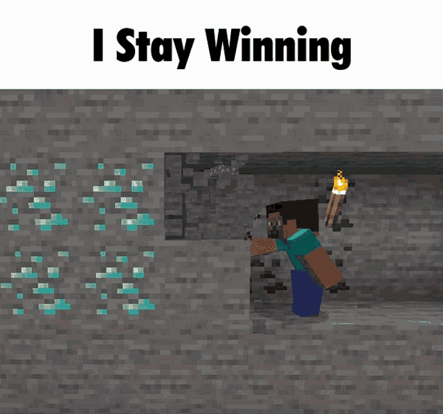 A character on Minecraft mining and still winning